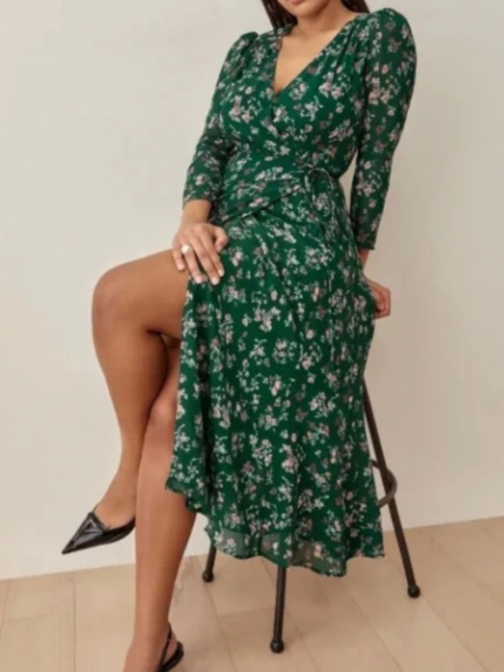 Reformation Green Floral Wrap Midi Dress - Elegant V-Neck Long Sleeve